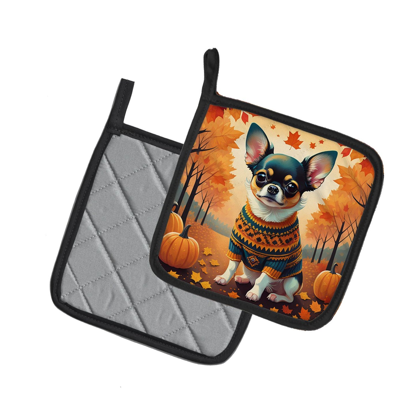 Tricolor Chihuahua Fall Pair of Pot Holders Kitchen Heat Resistant Pot Holders Sets Oven Hot Pads for Cooking Baking BBQ, 7 1/2 x 7 1/2