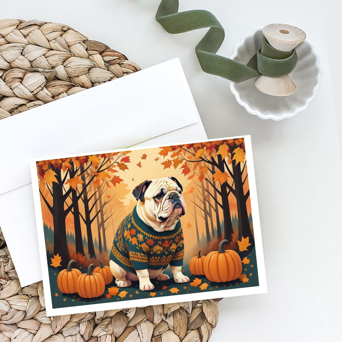 White English Bulldog Fall Greeting Cards Pack of 8 Blank Cards with Envelopes Whimsical A7 Size 5x7 Blank Note Cards