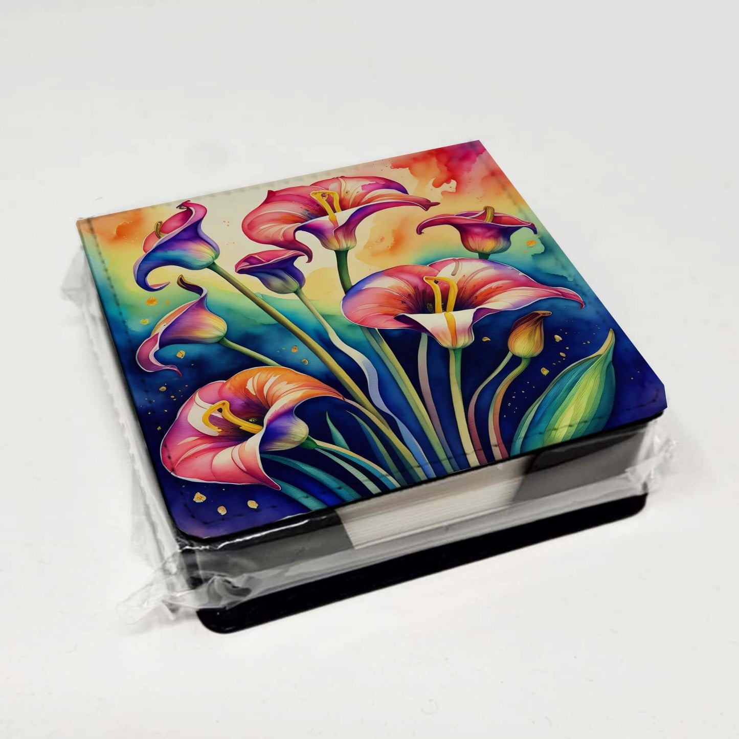 Colorful Calla Lilies PU Leather Note Paper Holder with Artist-Designed Cover, Desk Accessory, Office Gift