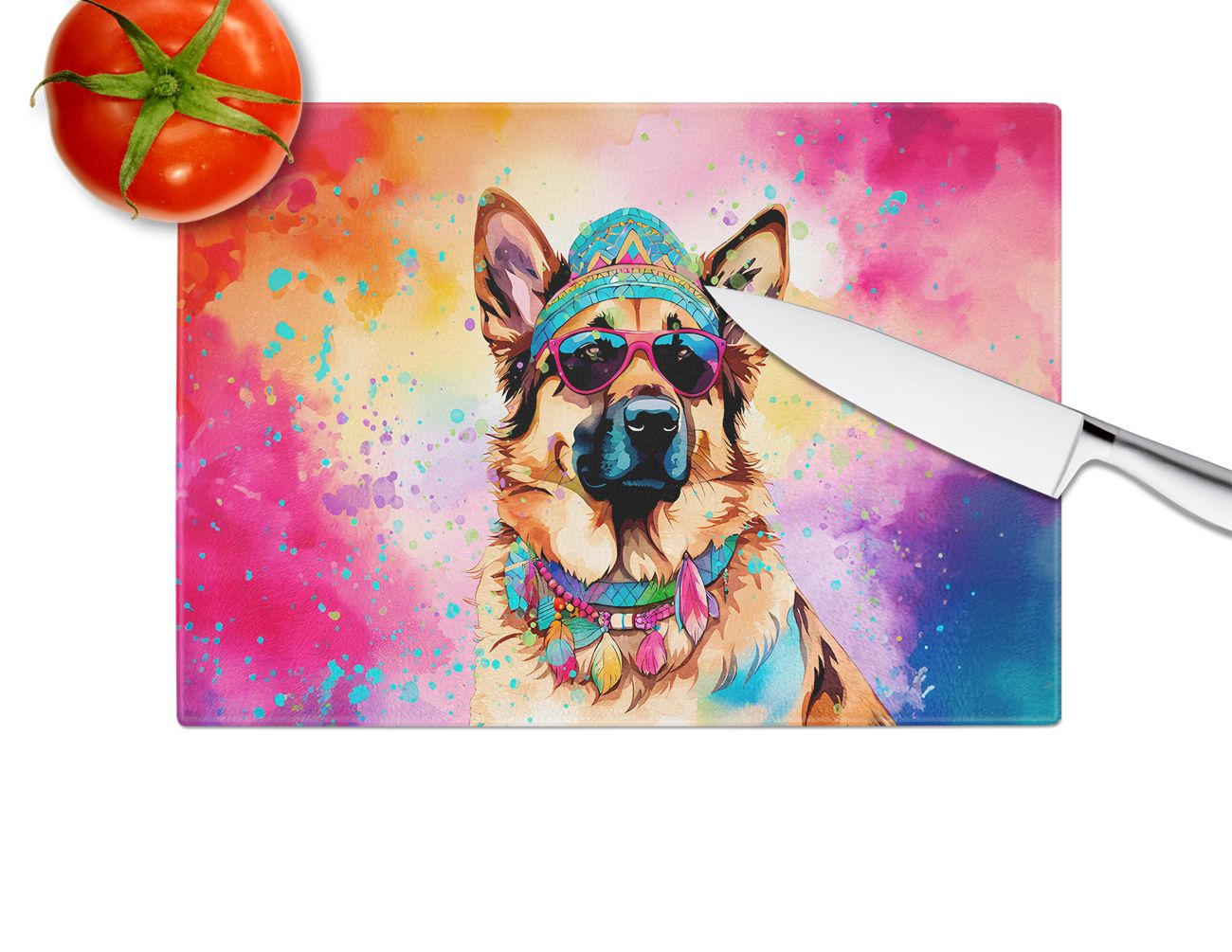NEW German Shepherd Hippie Dawg Glass Cutting Board Decorative Tempered Glass Kitchen Cutting and Serving Board Large Size Chopping Board