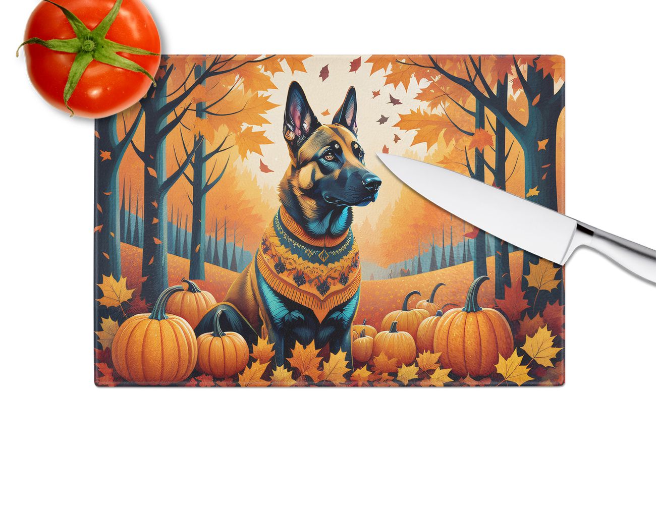 NEW Belgian Malinois Fall Glass Cutting Board Decorative Tempered Glass Kitchen Cutting and Serving Board Large Size Chopping Board