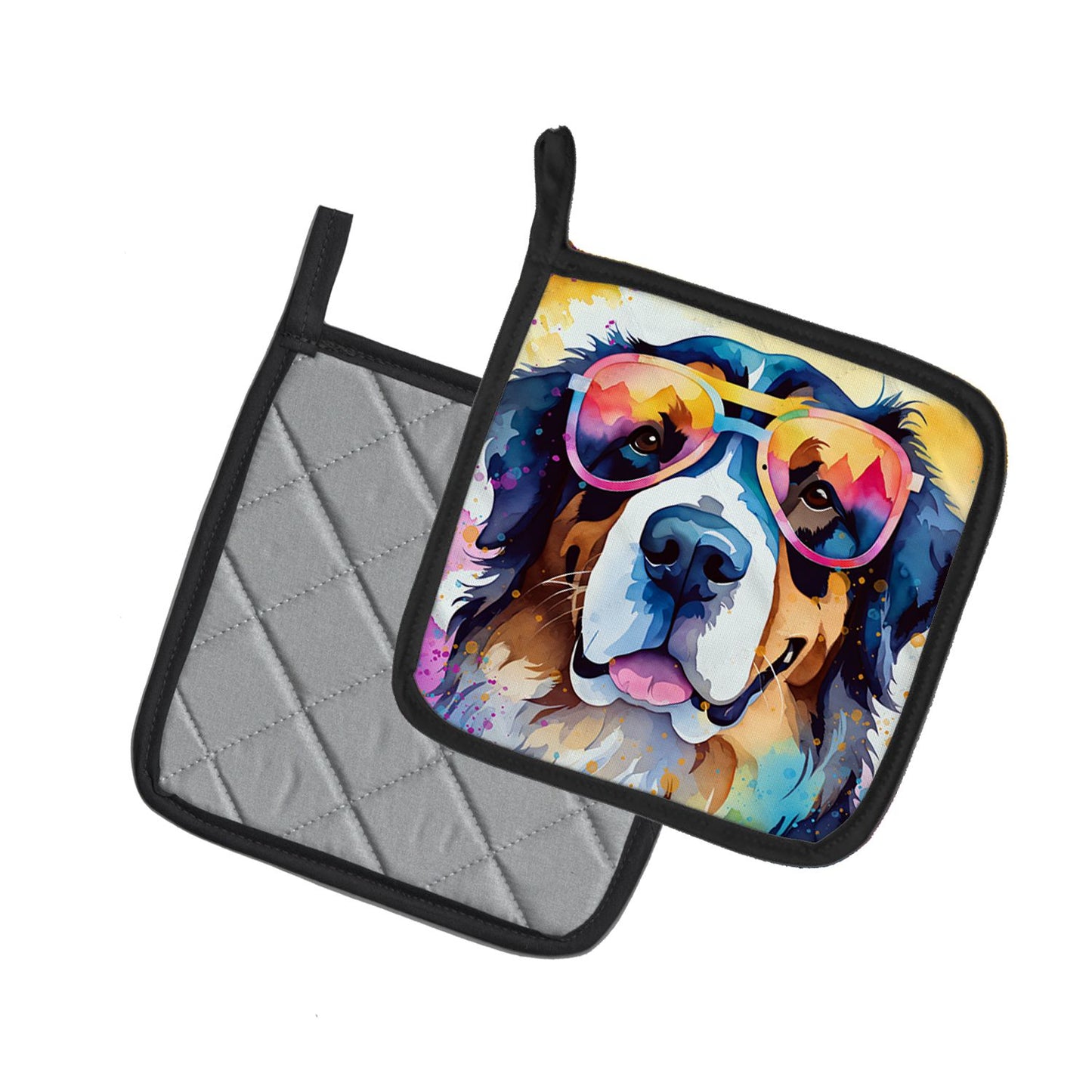 Bernese Mountain Dog Hippie Dawg Pair of Pot Holders Kitchen Heat Resistant Pot Holders Sets Oven Hot Pads for Cooking Baking BBQ, 7 1/2 x 7 1/2
