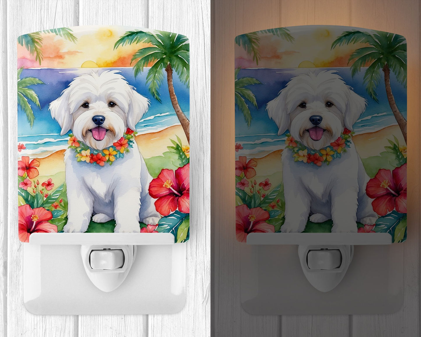 NEW Coton de Tulear Luau Ceramic Night Light Compact, UL-Certified, Ideal for Bedroom, Bathroom, Nursery, Hallway, Kitchen, 6x4x3, Multicolor
