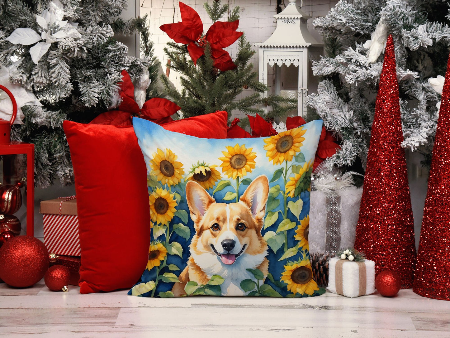 Corgi in Sunflowers Throw Pillow Machine Washable, Indoor Outdoor Decorative Pillow for Couch, Bed or Patio, 14Hx14W