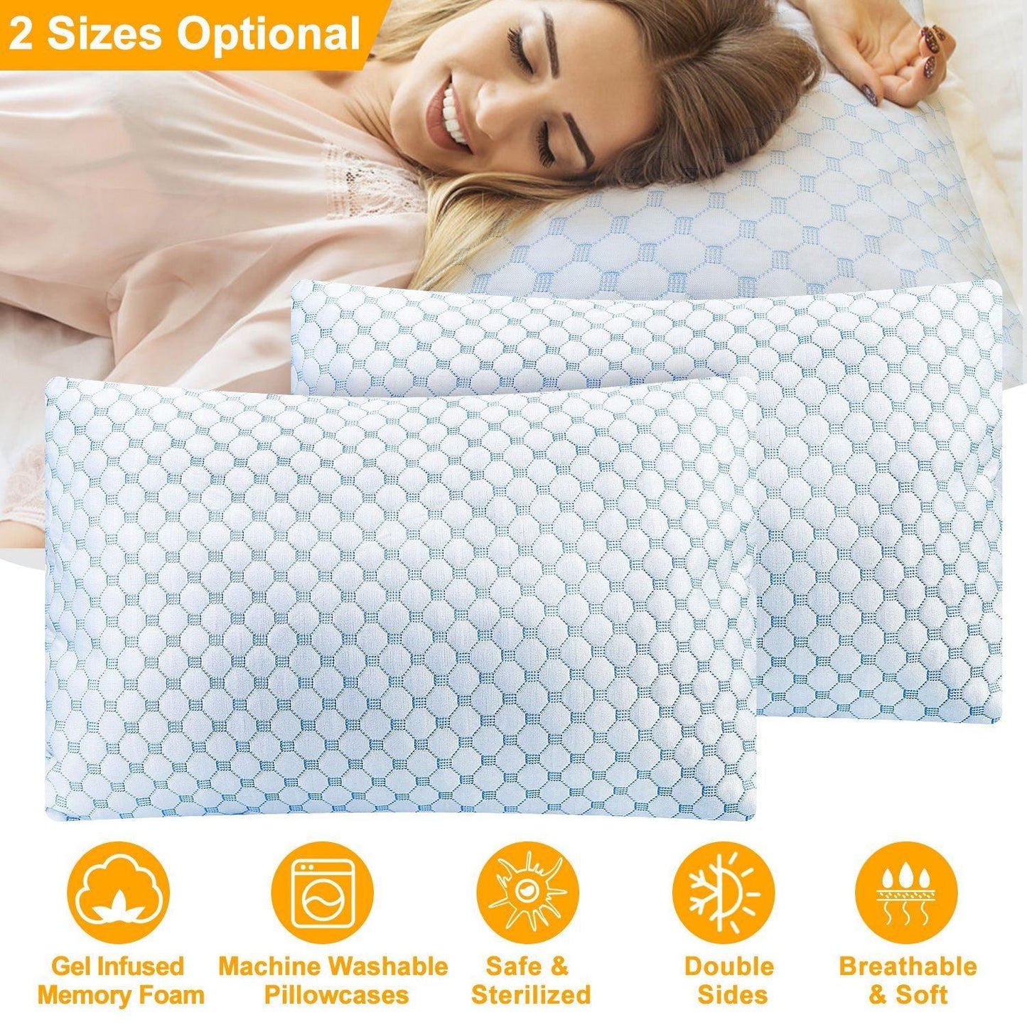 Cooling Memory Foam Pillow Ventilated Soft Bed Pillow w/ Cooling Gel Infused Memory Foam 2Pcs Queen Size - Clothes For Her Online Store