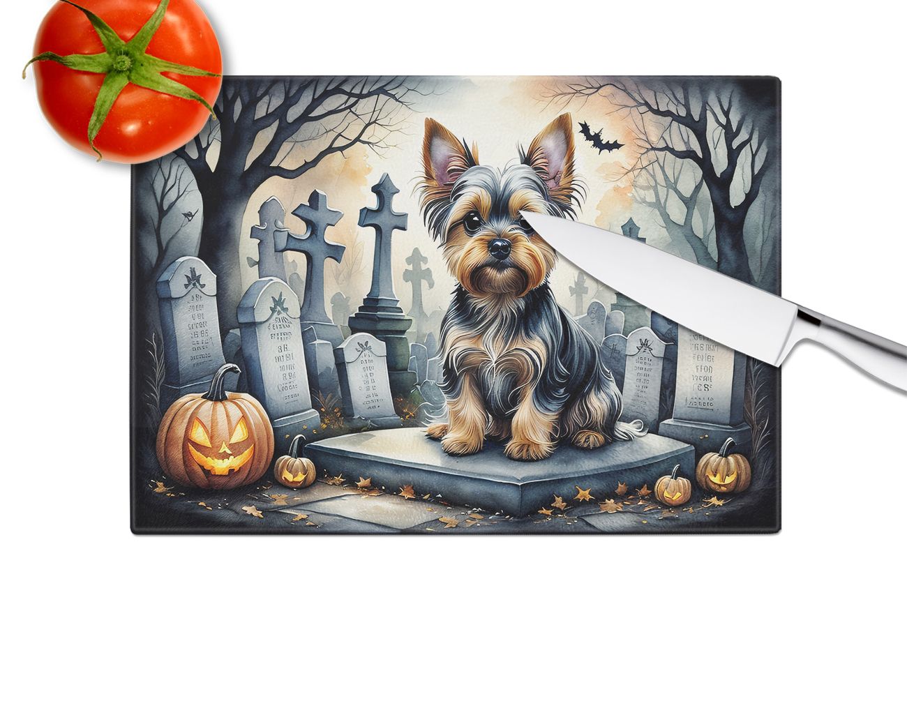 NEW Yorkshire Terrier Spooky Halloween Glass Cutting Board Decorative Tempered Glass Kitchen Cutting and Serving Board Large Size Chopping Board
