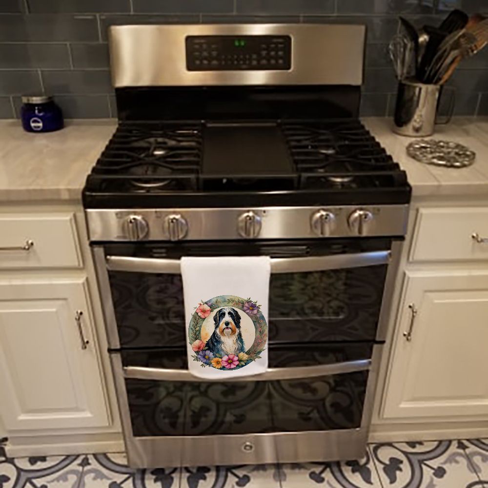 Bearded Collie and Flowers Kitchen Towel Set of 2 White Dish Towels Decorative Bathroom Hand towel for Hand, Face, Hair, Yoga, Tea, Dishcloth, 19 X 28", White
