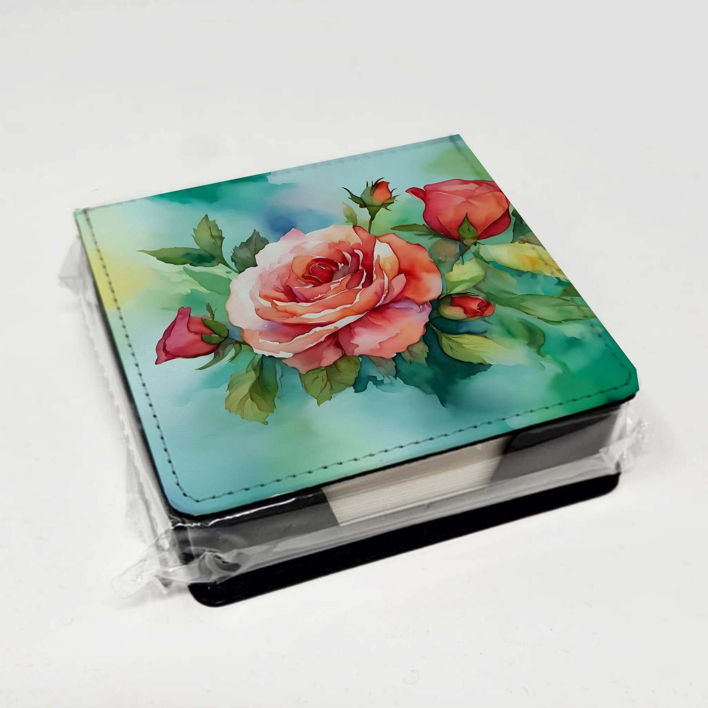 Oklahoma Roses in Watercolor PU Leather Note Paper Holder with Artist-Designed Cover, Desk Accessory, Office Gift