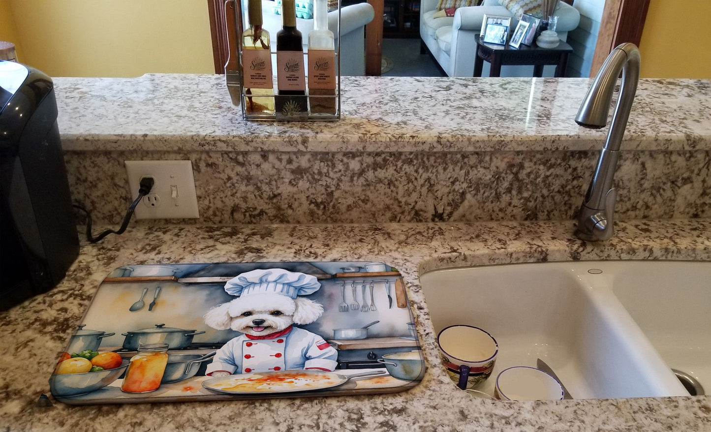 Bichon Frise The Chef Dish Drying Mat Absorbent Dish Drying Mat Pad for Kitchen Counter Dish Drainer Mat for Countertop, 14 x 21", Multicolor