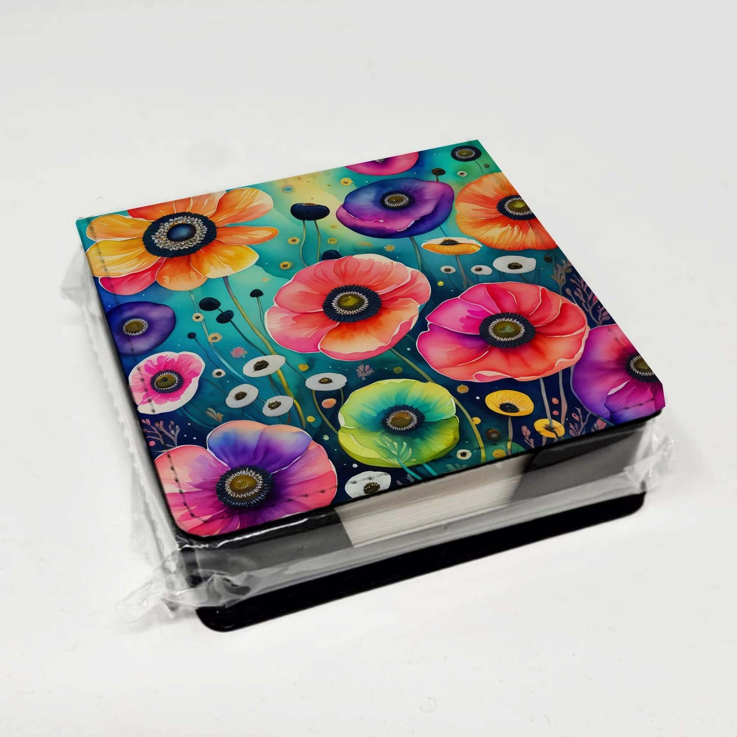Colorful Anemones PU Leather Note Paper Holder with Artist-Designed Cover, Desk Accessory, Office Gift