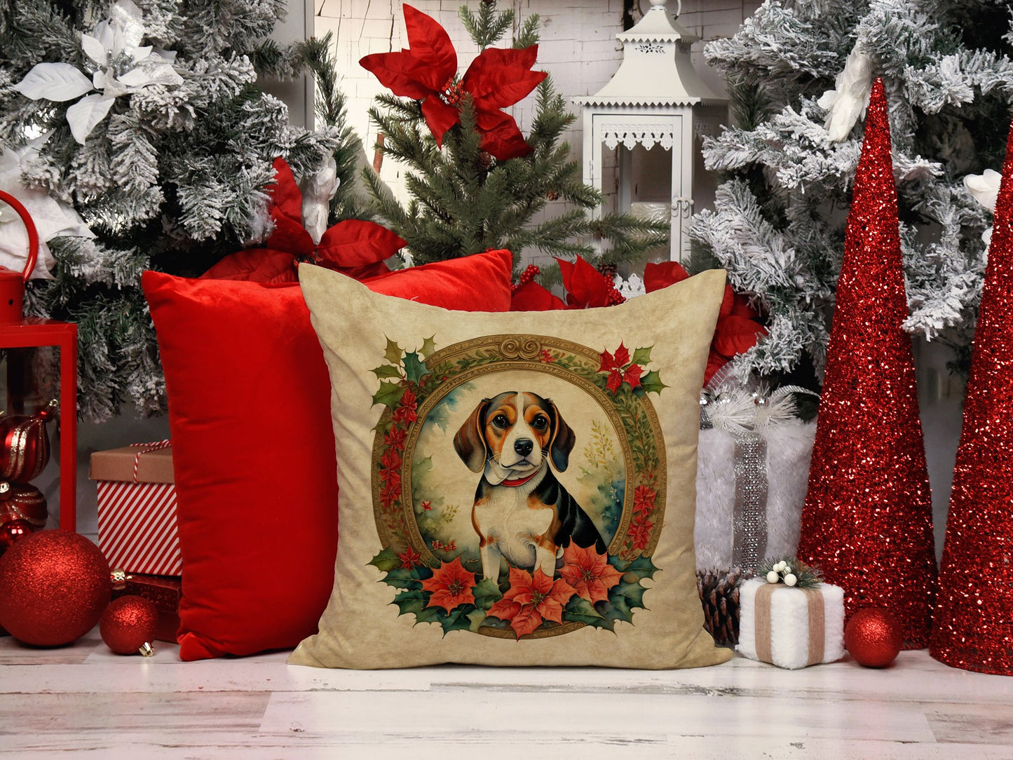 Beagle Christmas Flowers Throw Pillow Machine Washable, Indoor Outdoor Decorative Pillow for Couch, Bed or Patio, 18Hx18W