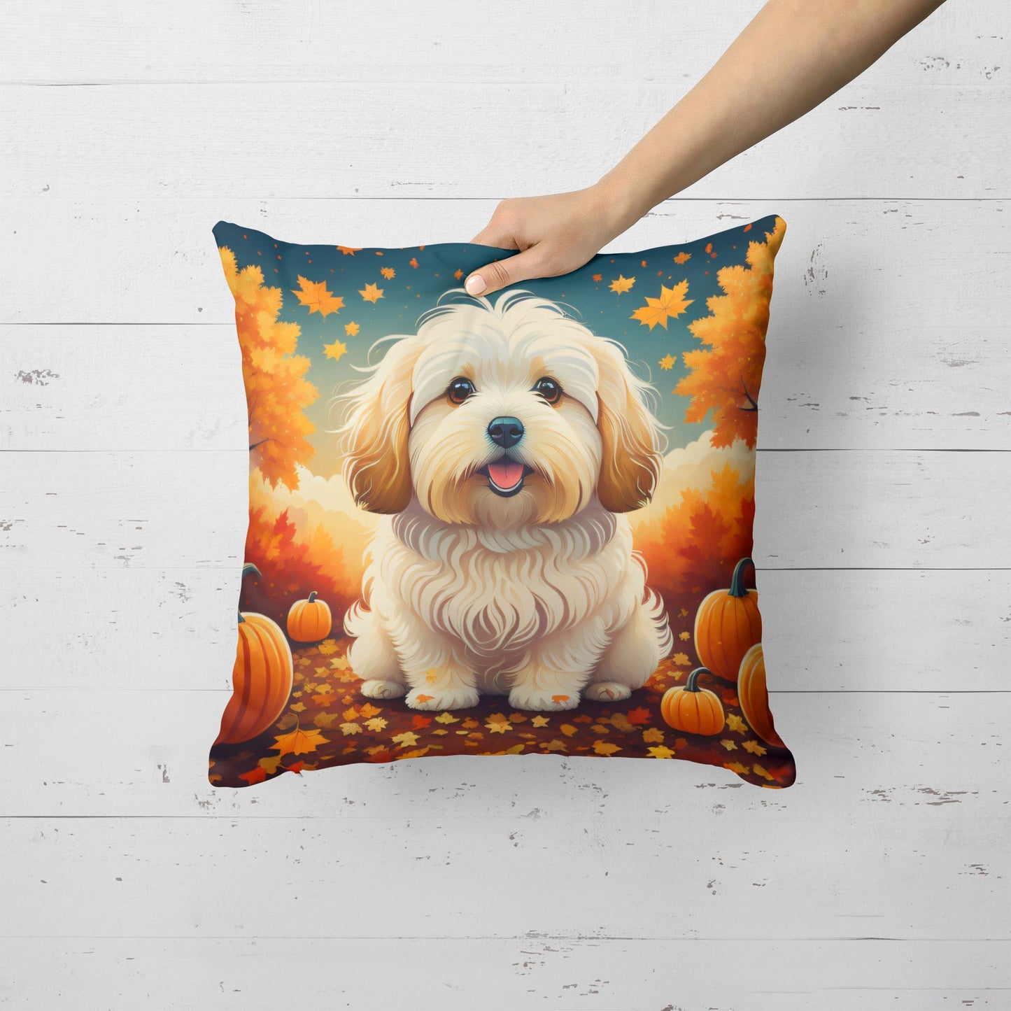 Coton De Tulear Fall Throw Pillow Machine Washable, Indoor Outdoor Decorative Pillow for Couch, Bed or Patio, 18Hx18W