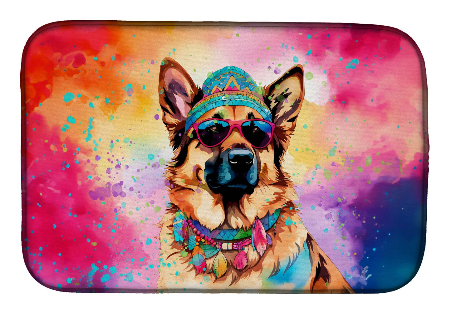 German Shepherd Hippie Dawg Dish Drying Mat Absorbent Dish Drying Mat Pad for Kitchen Counter Dish Drainer Mat for Countertop, 14 x 21", Multicolor