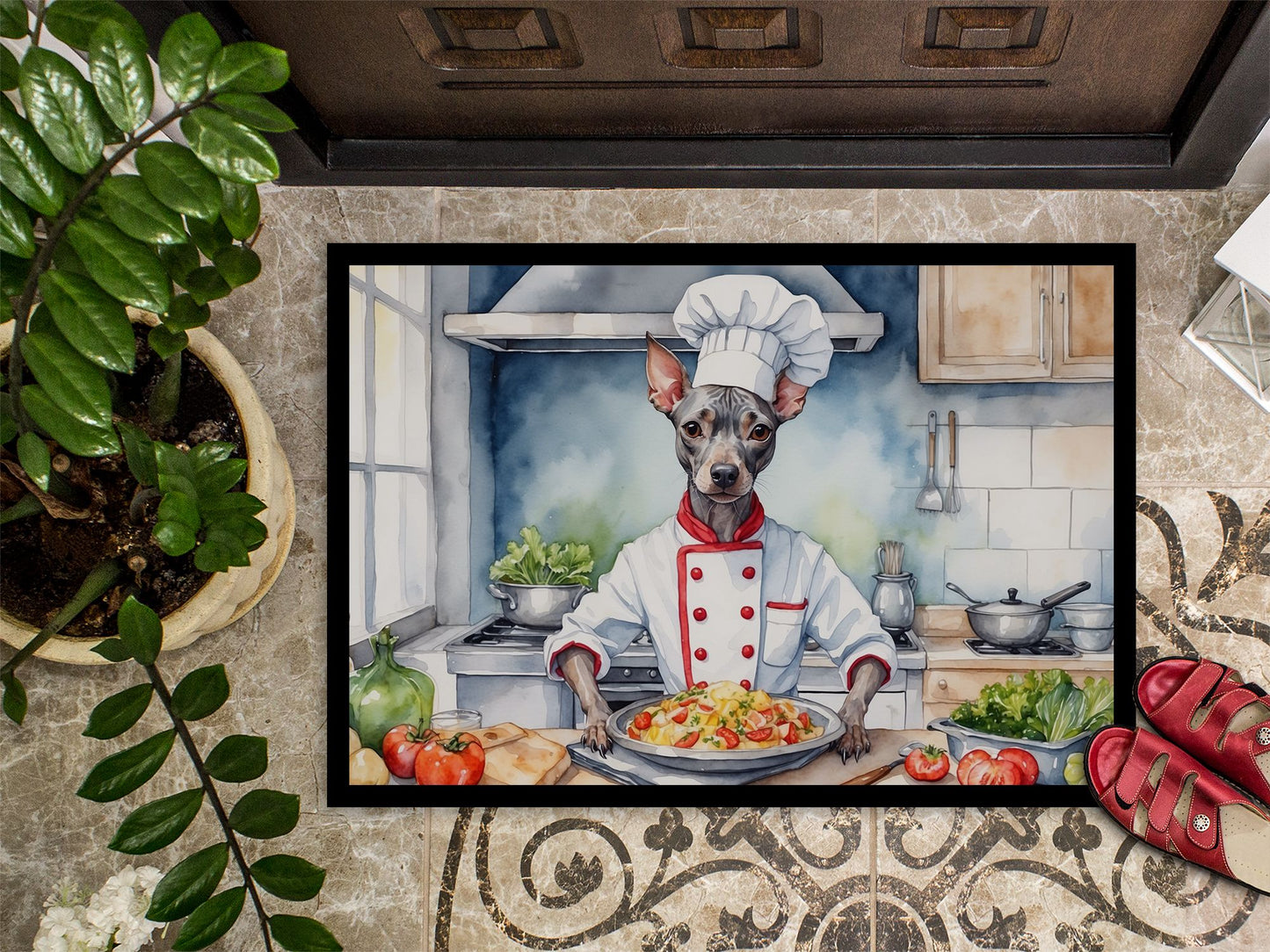 American Hairless Terrier The Chef Doormat Front Door Mat Indoor Outdoor Rugs for Entryway, Non Slip Washable Low Pile, 24H X 36W