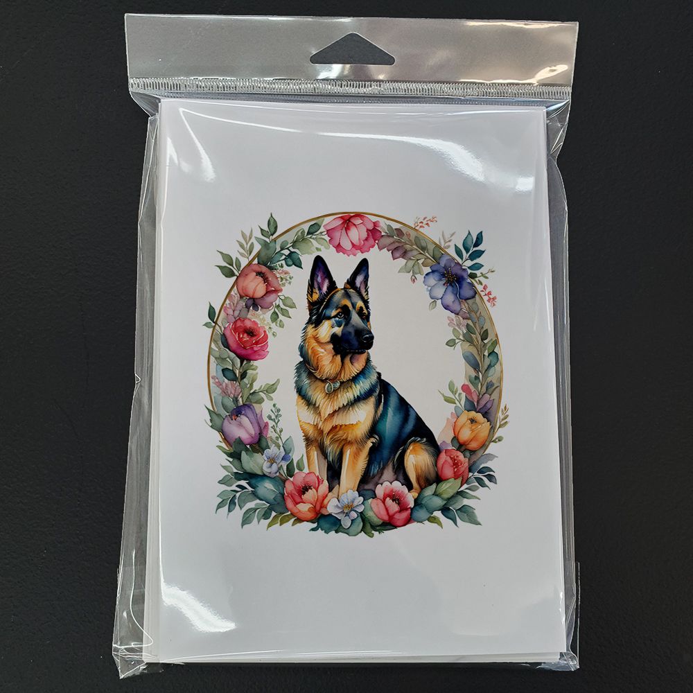 German Shepherd and Flowers Greeting Cards Pack of 8 Blank Cards with Envelopes Whimsical A7 Size 5x7 Blank Note Cards