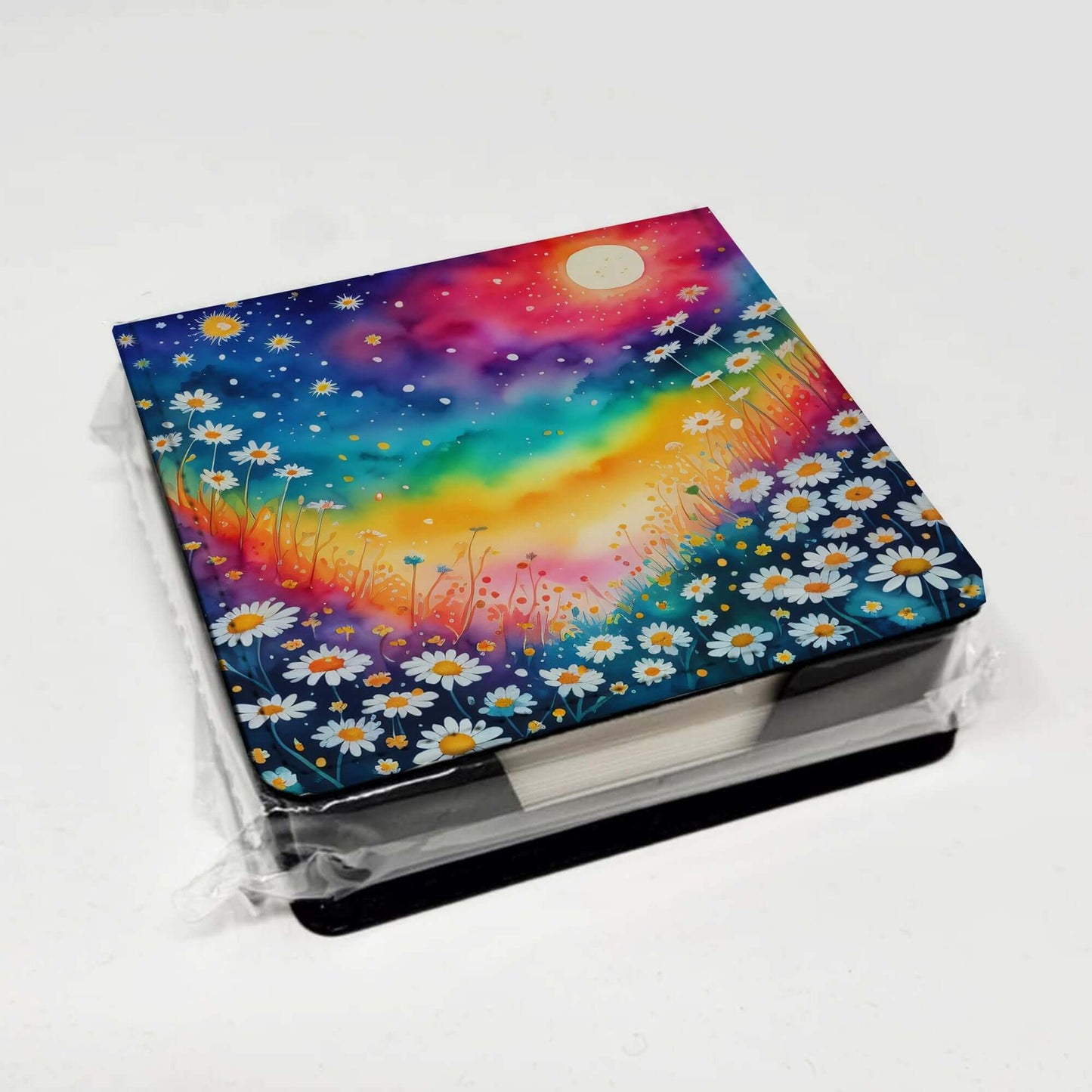 Colorful Daisies PU Leather Note Paper Holder with Artist-Designed Cover, Desk Accessory, Office Gift