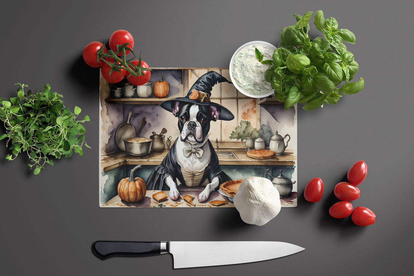 NEW Boston Terrier Fall Kitchen Pumpkins Glass Cutting Board Decorative Tempered Glass Kitchen Cutting and Serving Board Large Size Chopping Board