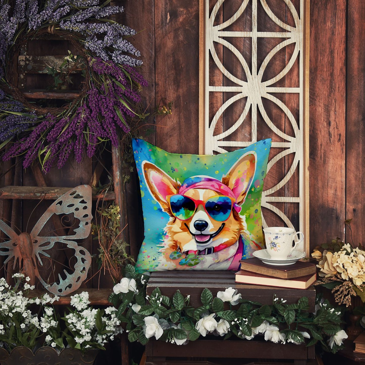 Corgi Hippie Dawg Throw Pillow Machine Washable, Indoor Outdoor Decorative Pillow for Couch, Bed or Patio, 14Hx14W