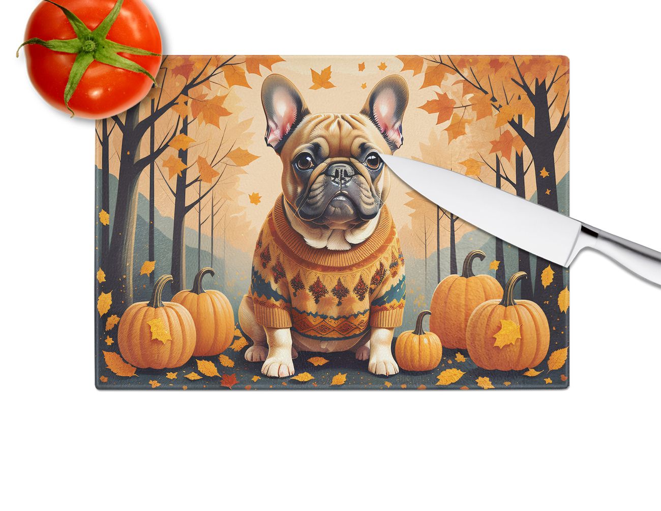 NEW Fawn French Bulldog Fall Glass Cutting Board Decorative Tempered Glass Kitchen Cutting and Serving Board Large Size Chopping Board