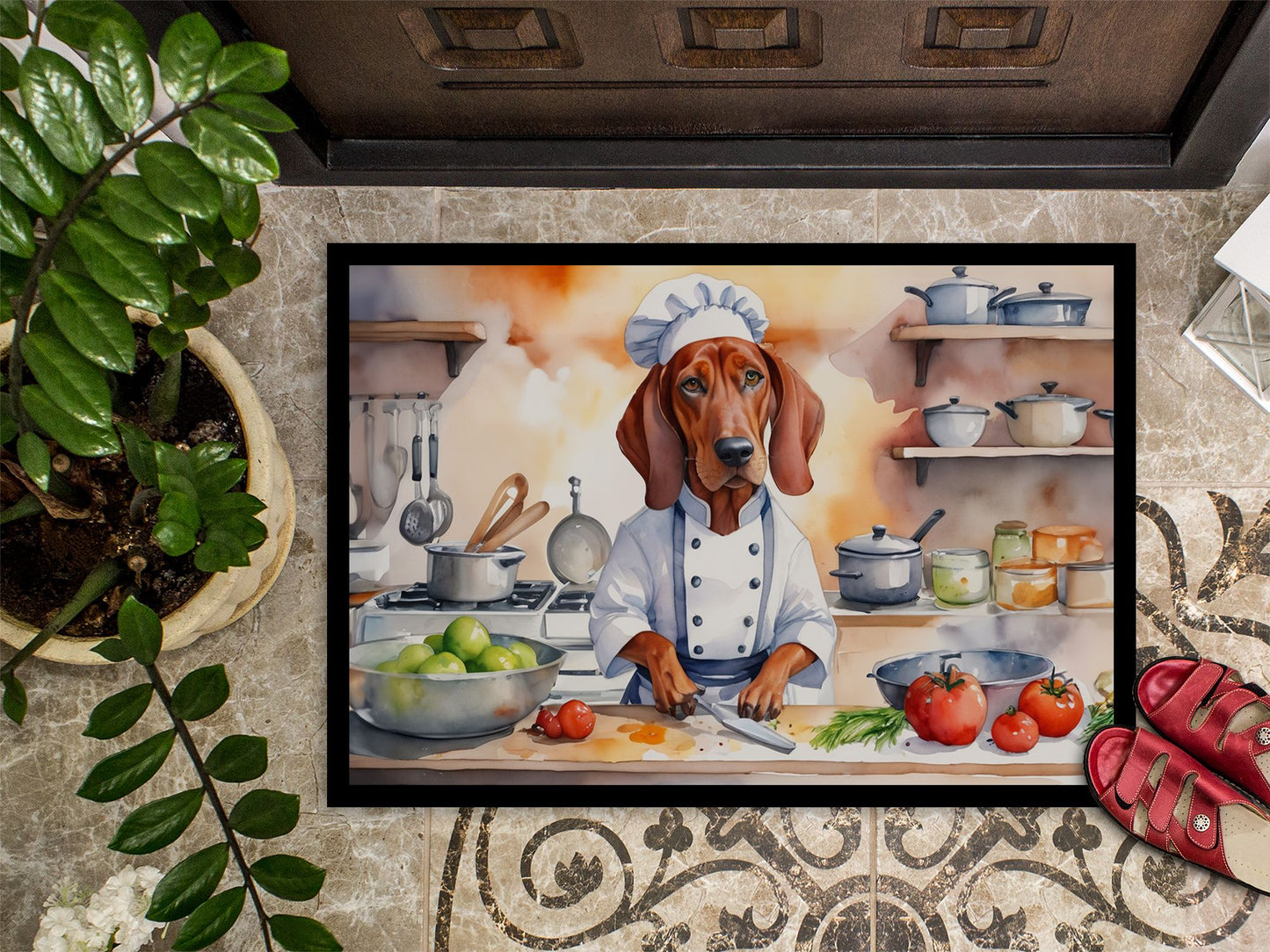 NEW Redbone Coonhound The Chef Doormat Front Door Mat Indoor Outdoor Rugs for Entryway, Non Slip Washable Low Pile, 18H X 27W
