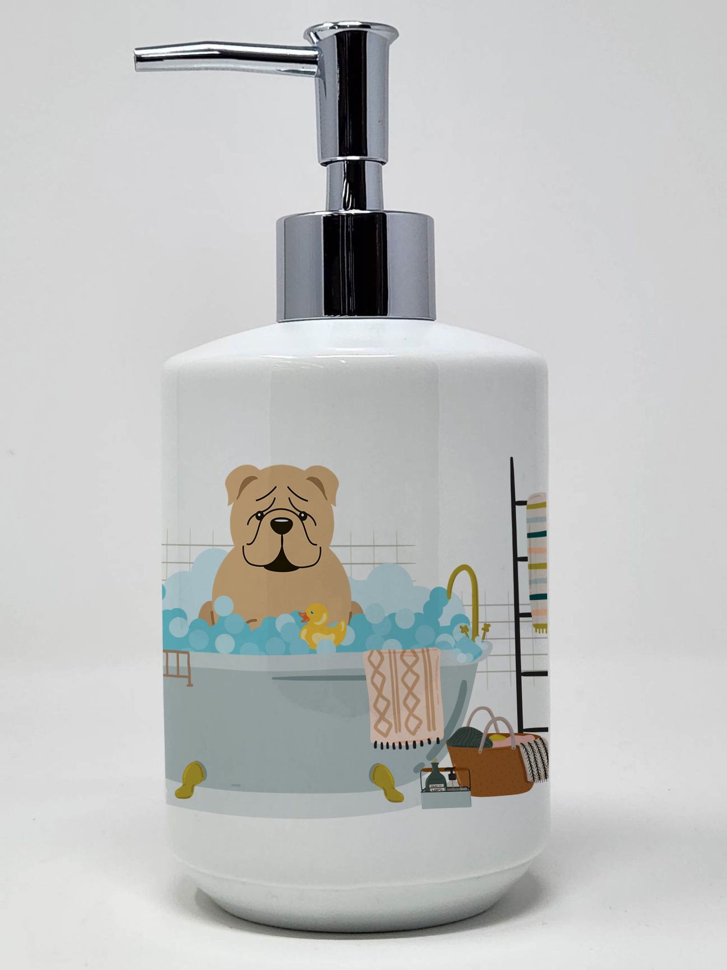 Fawn English Bulldog in Bathtub Ceramic Soap Dispenser Hand Soap Dispenser Pump Bottles for Bathroom Kitchen, Empty Refillable Liquid Soap Container
