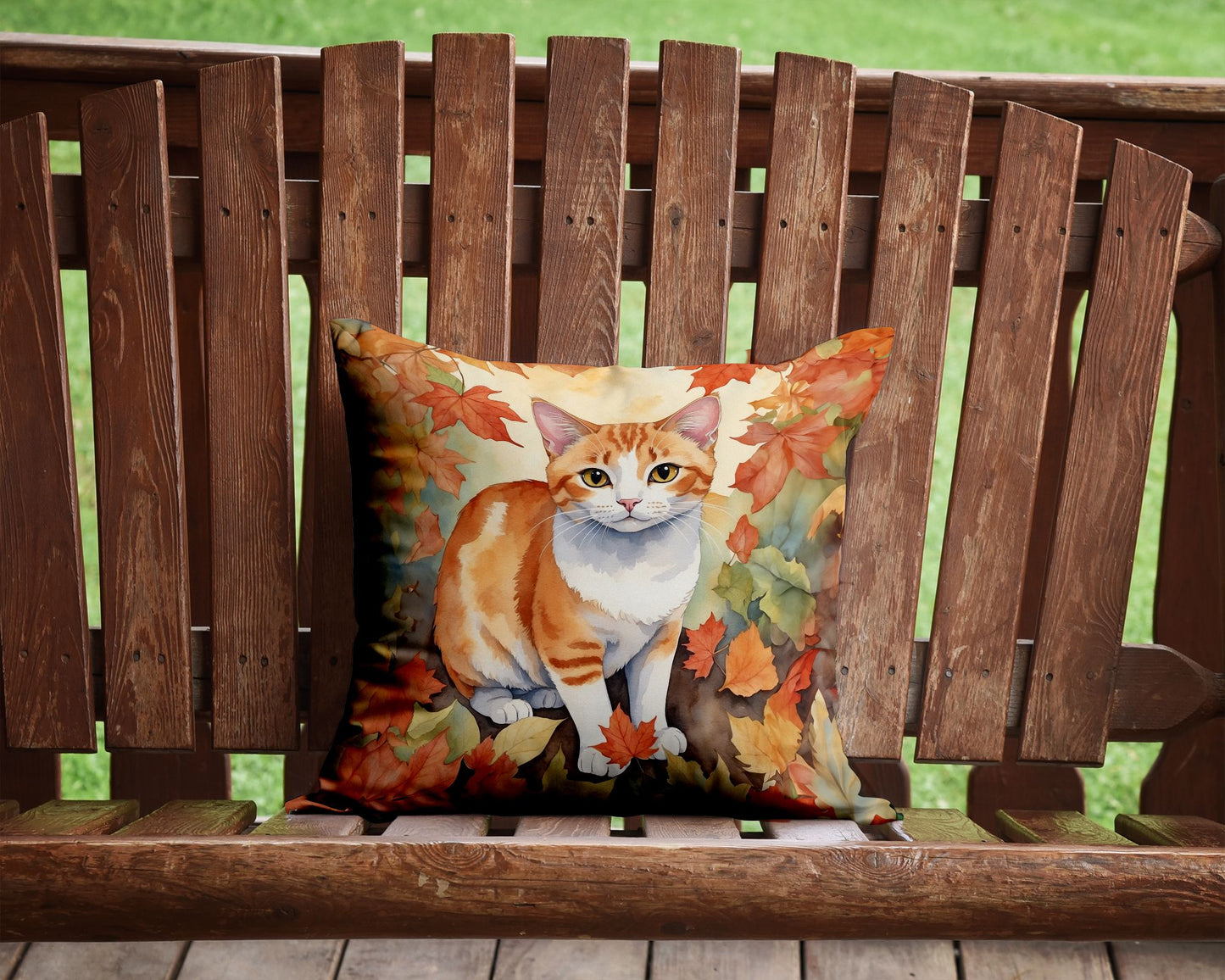Japanese Bobtail Cat in Fall Leaves Throw Pillow Machine Washable, Indoor Outdoor Decorative Pillow for Couch, Bed or Patio, 14Hx14W