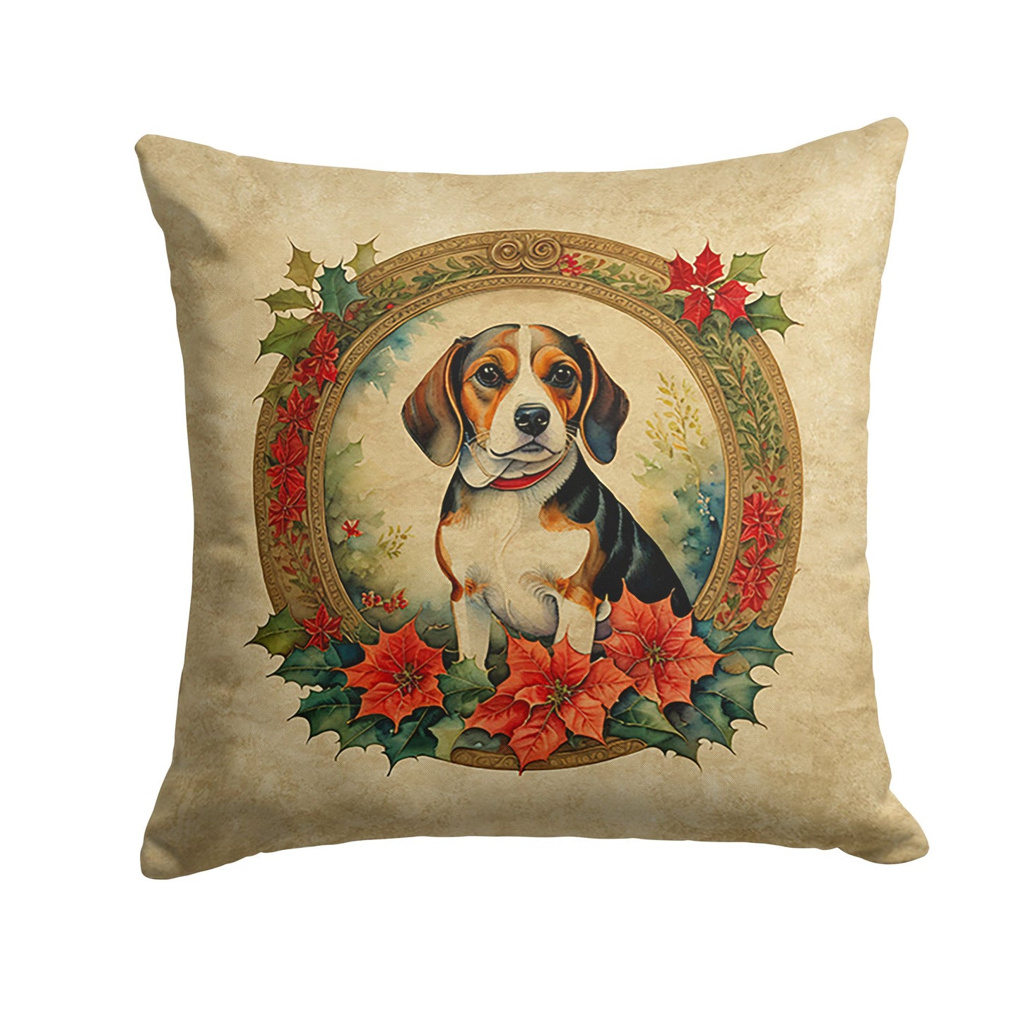 Beagle Christmas Flowers Throw Pillow Machine Washable, Indoor Outdoor Decorative Pillow for Couch, Bed or Patio, 18Hx18W