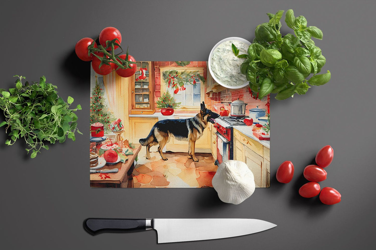 NEW German Shepherd Christmas Cookies Glass Cutting Board Decorative Tempered Glass Kitchen Cutting and Serving Board Large Size Chopping Board