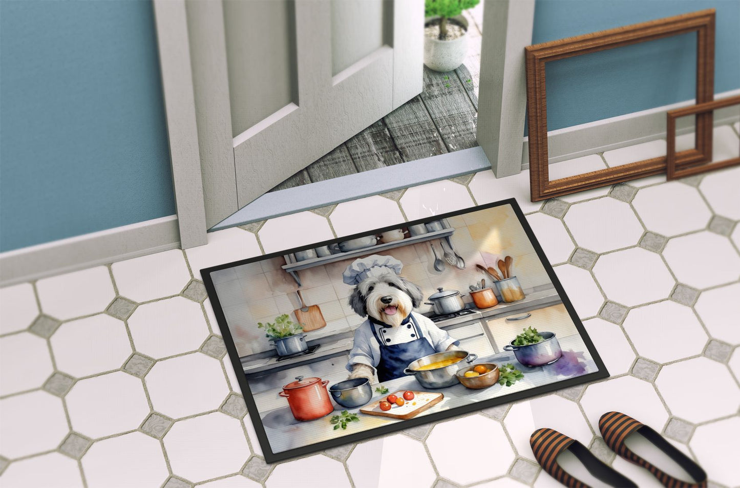 Old English Sheepdog The Chef Doormat Front Door Mat Indoor Outdoor Rugs for Entryway, Non Slip Washable Low Pile, 24H X 36W