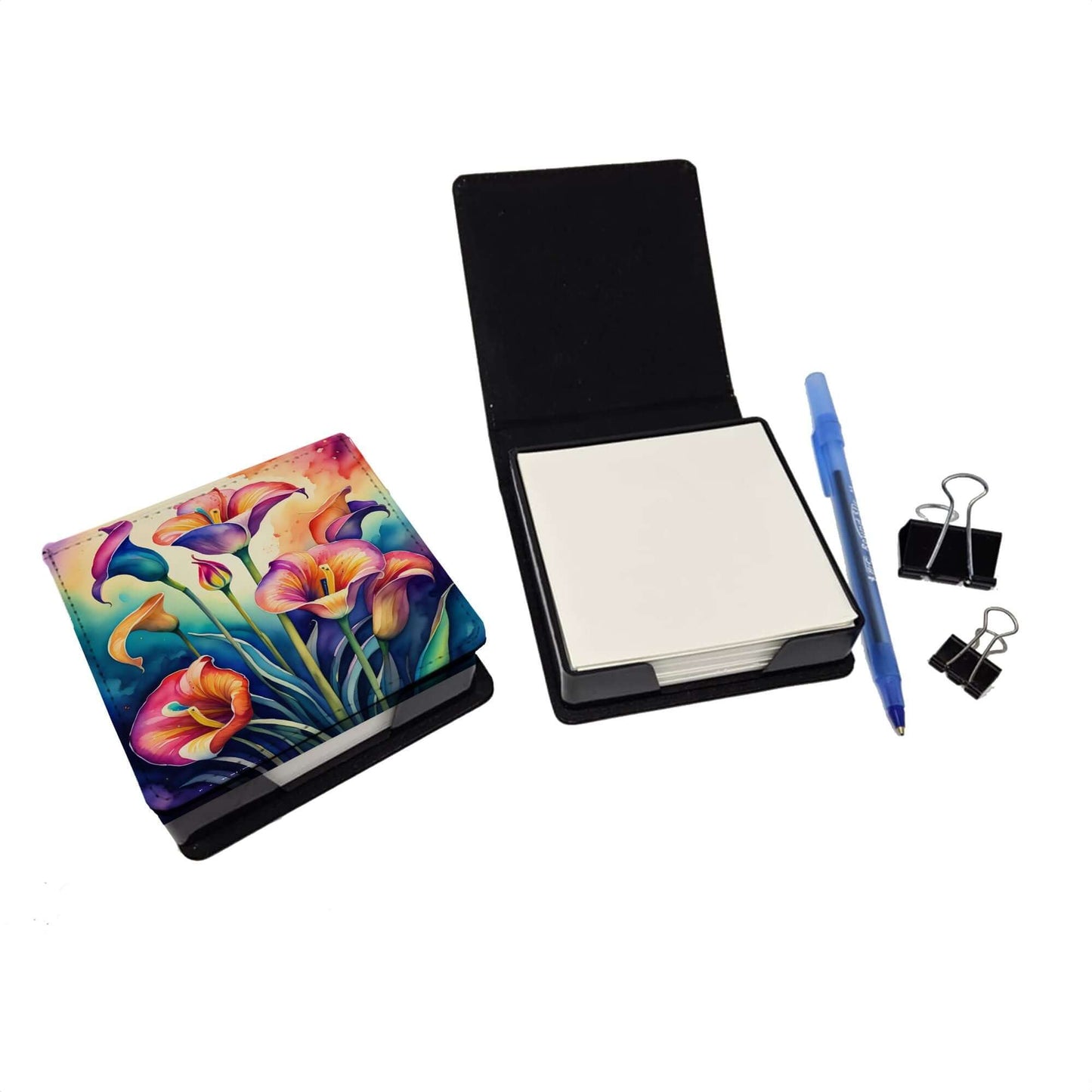 Colorful Calla Lilies PU Leather Note Paper Holder with Artist-Designed Cover, Desk Accessory, Office Gift