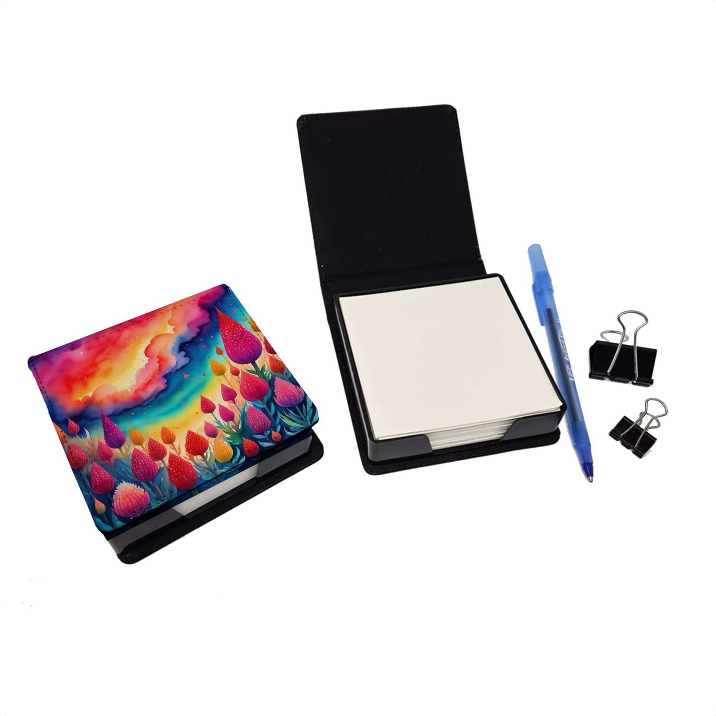 Colorful Celosia PU Leather Note Paper Holder with Artist-Designed Cover, Desk Accessory, Office Gift