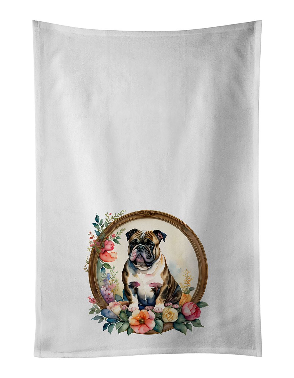 English Bulldog and Flowers Kitchen Towel Set of 2 White Dish Towels Decorative Bathroom Hand towel for Hand, Face, Hair, Yoga, Tea, Dishcloth, 19 X 28", White