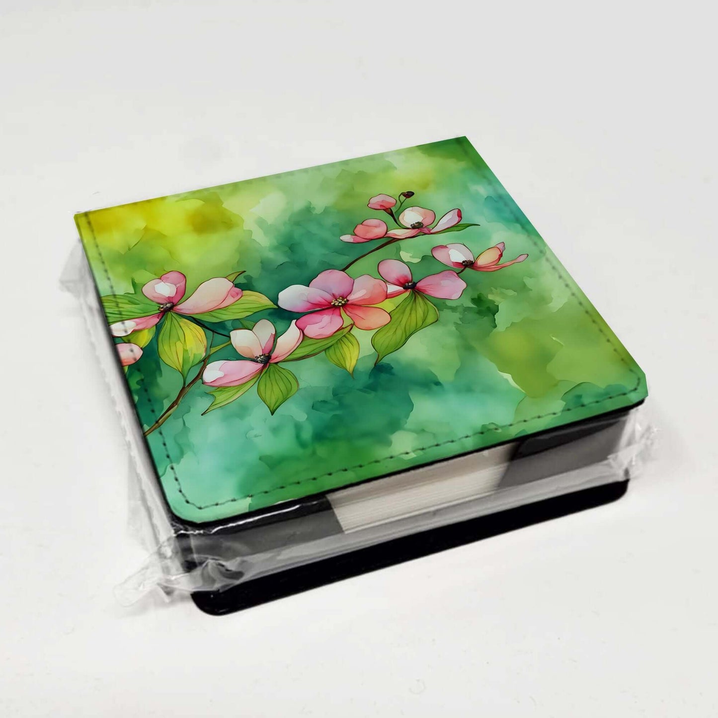 Virginia American Dogwood in Watercolor PU Leather Note Paper Holder with Artist-Designed Cover, Desk Accessory, Office Gift