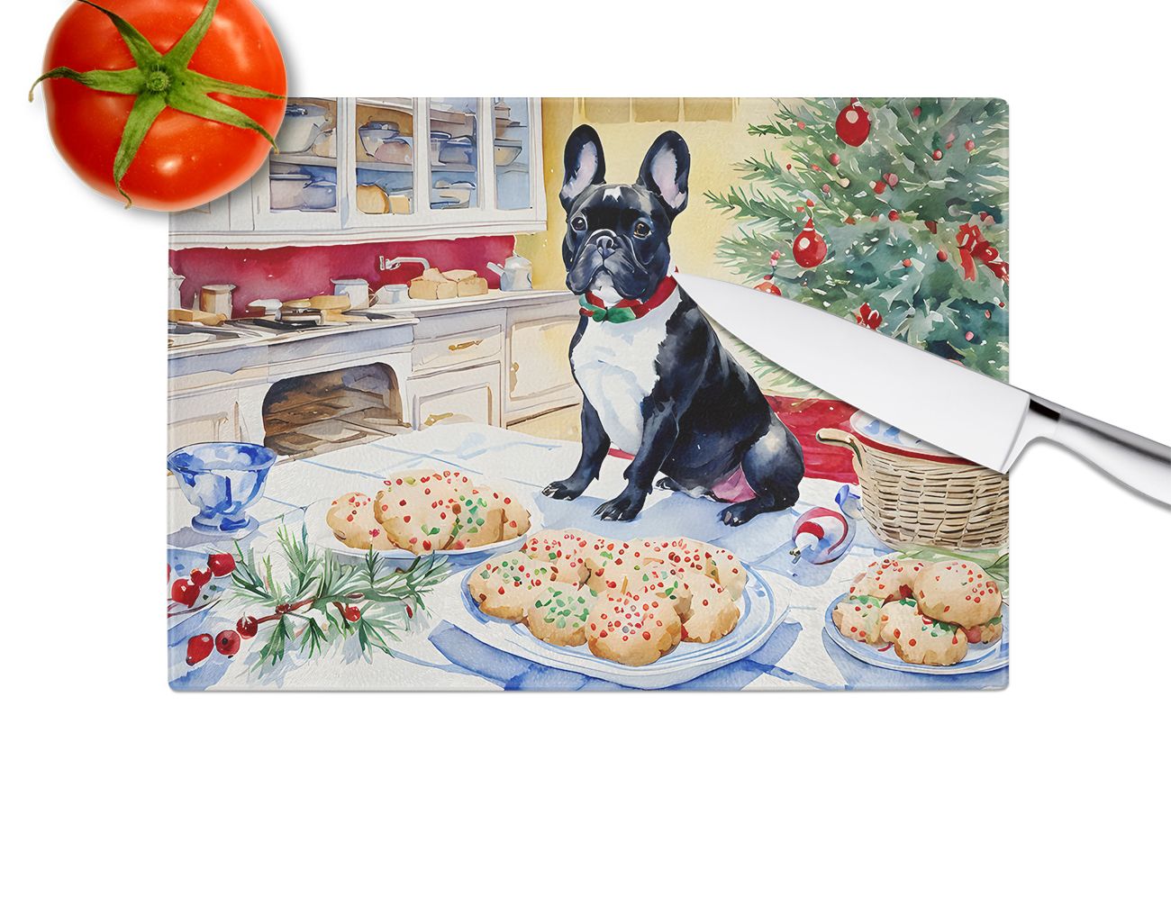 NEW French Bulldog Christmas Cookies Glass Cutting Board Decorative Tempered Glass Kitchen Cutting and Serving Board Large Size Chopping Board