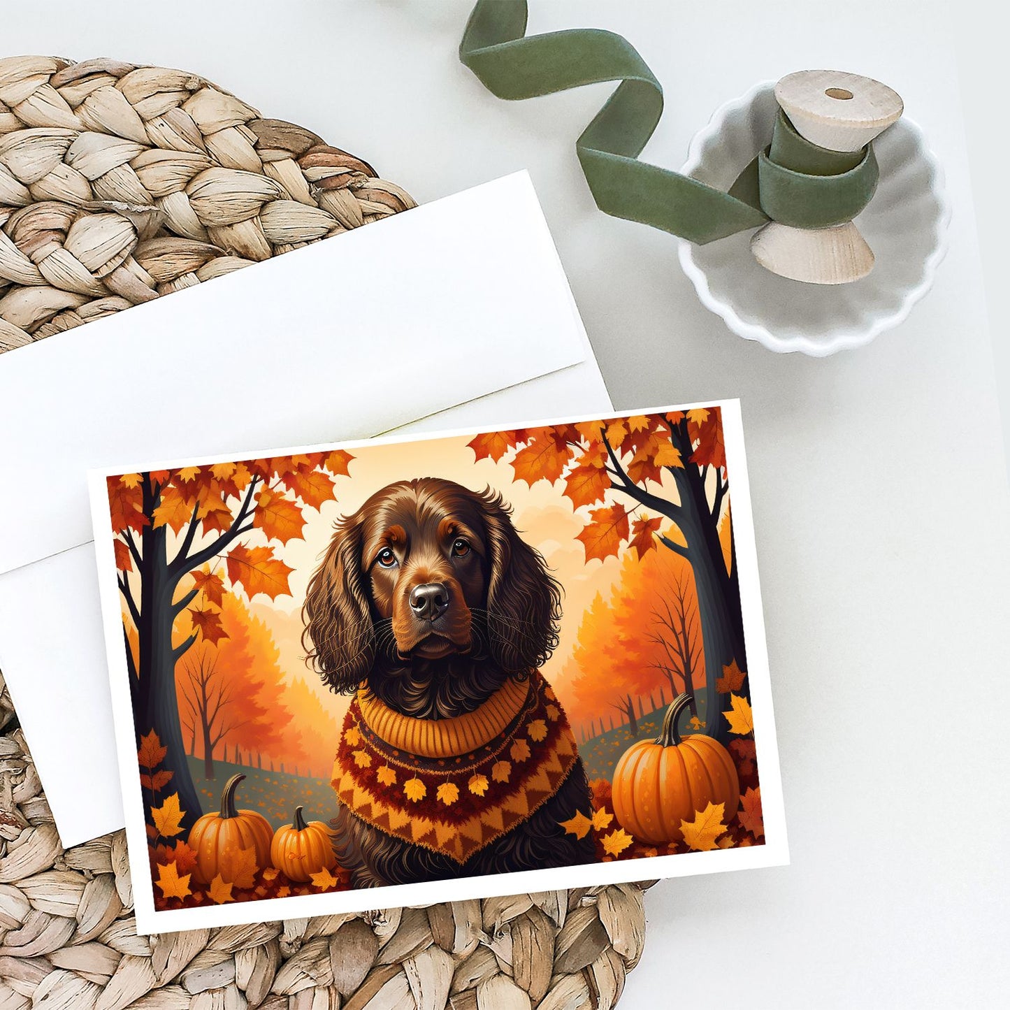 Boykin Spaniel Fall Greeting Cards Pack of 8 Blank Cards with Envelopes Whimsical A7 Size 5x7 Blank Note Cards