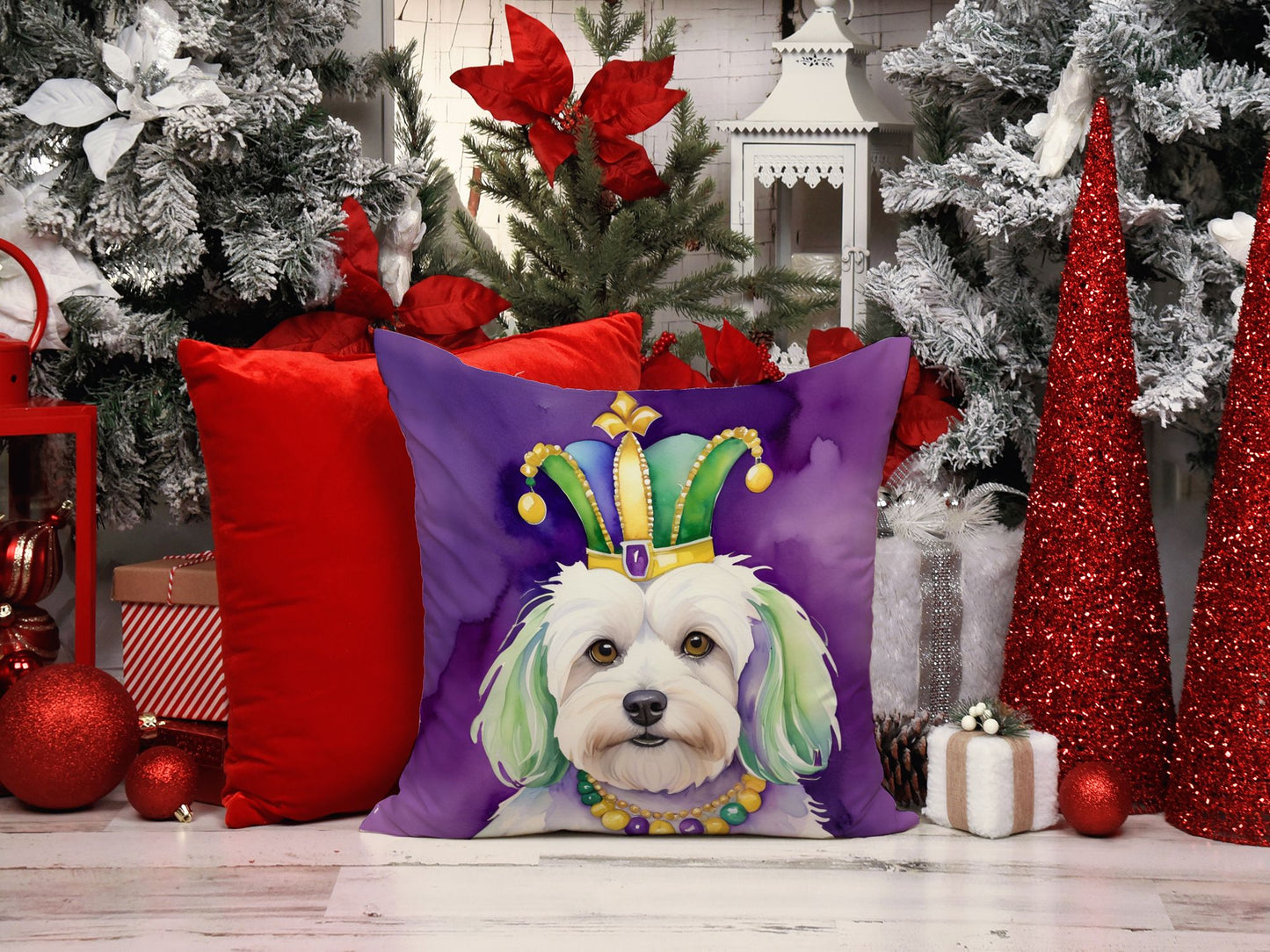 Coton de Tulear King of Mardi Gras Throw Pillow Machine Washable, Indoor Outdoor Decorative Pillow for Couch, Bed or Patio, 18Hx18W