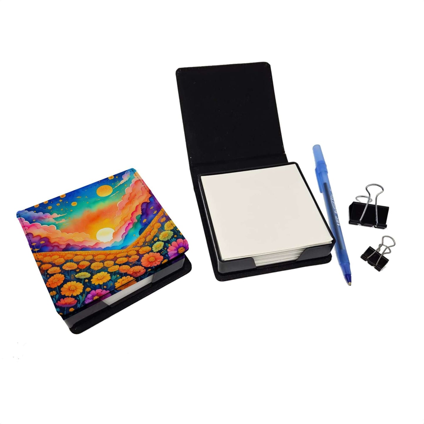 Colorful Marigolds PU Leather Note Paper Holder with Artist-Designed Cover, Desk Accessory, Office Gift