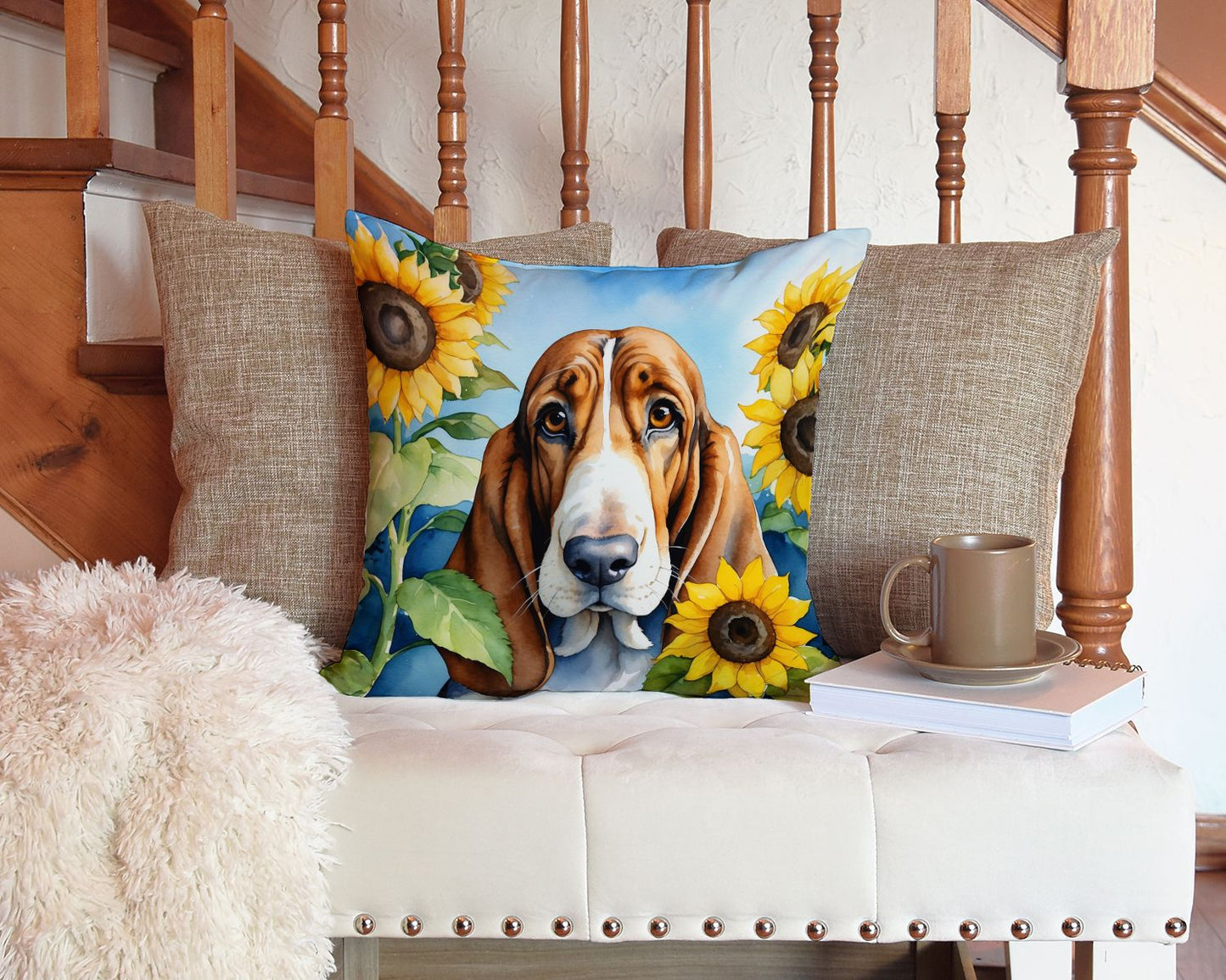 Basset Hound in Sunflowers Throw Pillow Machine Washable, Indoor Outdoor Decorative Pillow for Couch, Bed or Patio, 14Hx14W