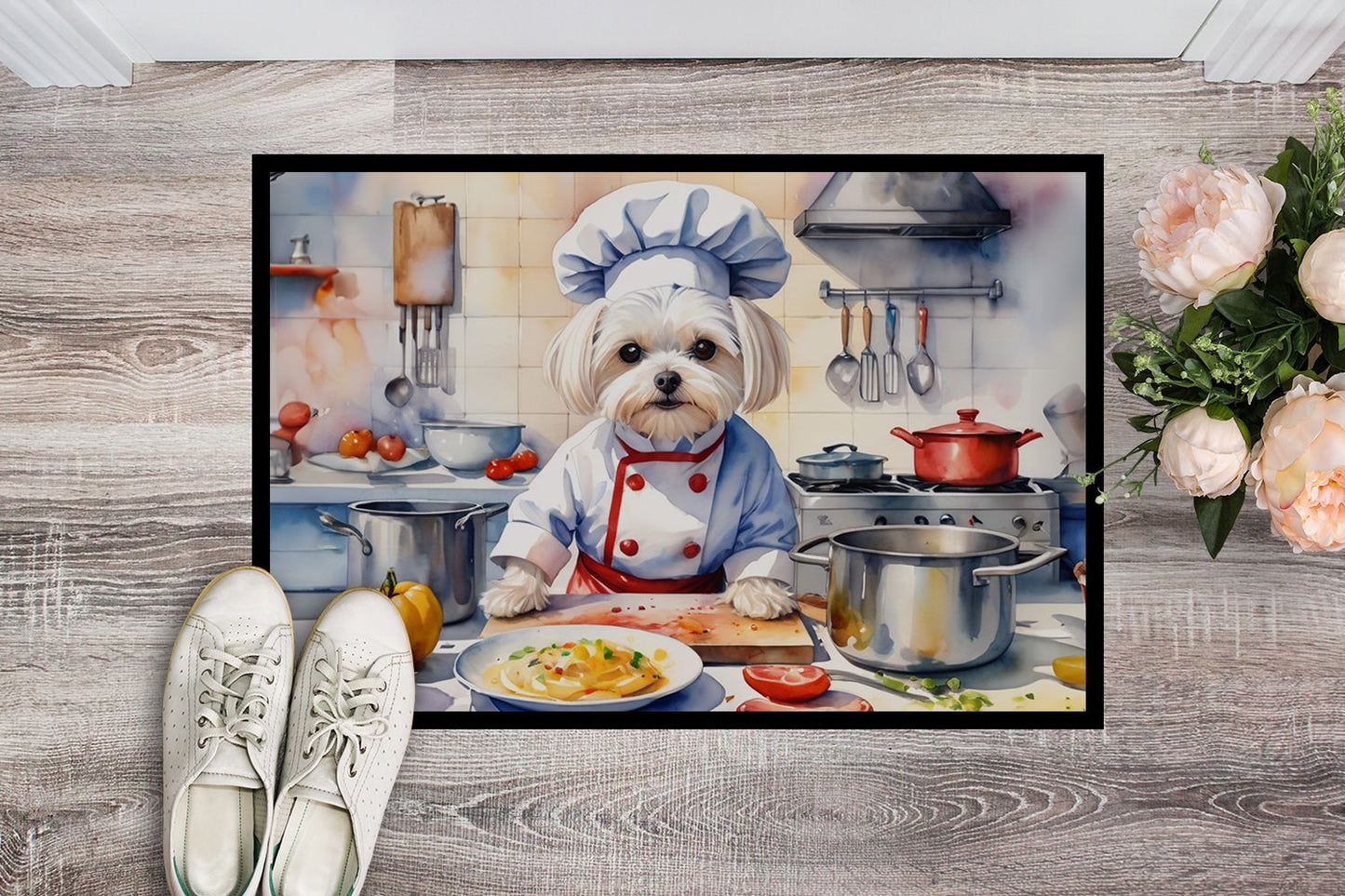 Maltese The Chef Doormat Front Door Mat Indoor Outdoor Rugs for Entryway, Non Slip Washable Low Pile, 24H X 36W