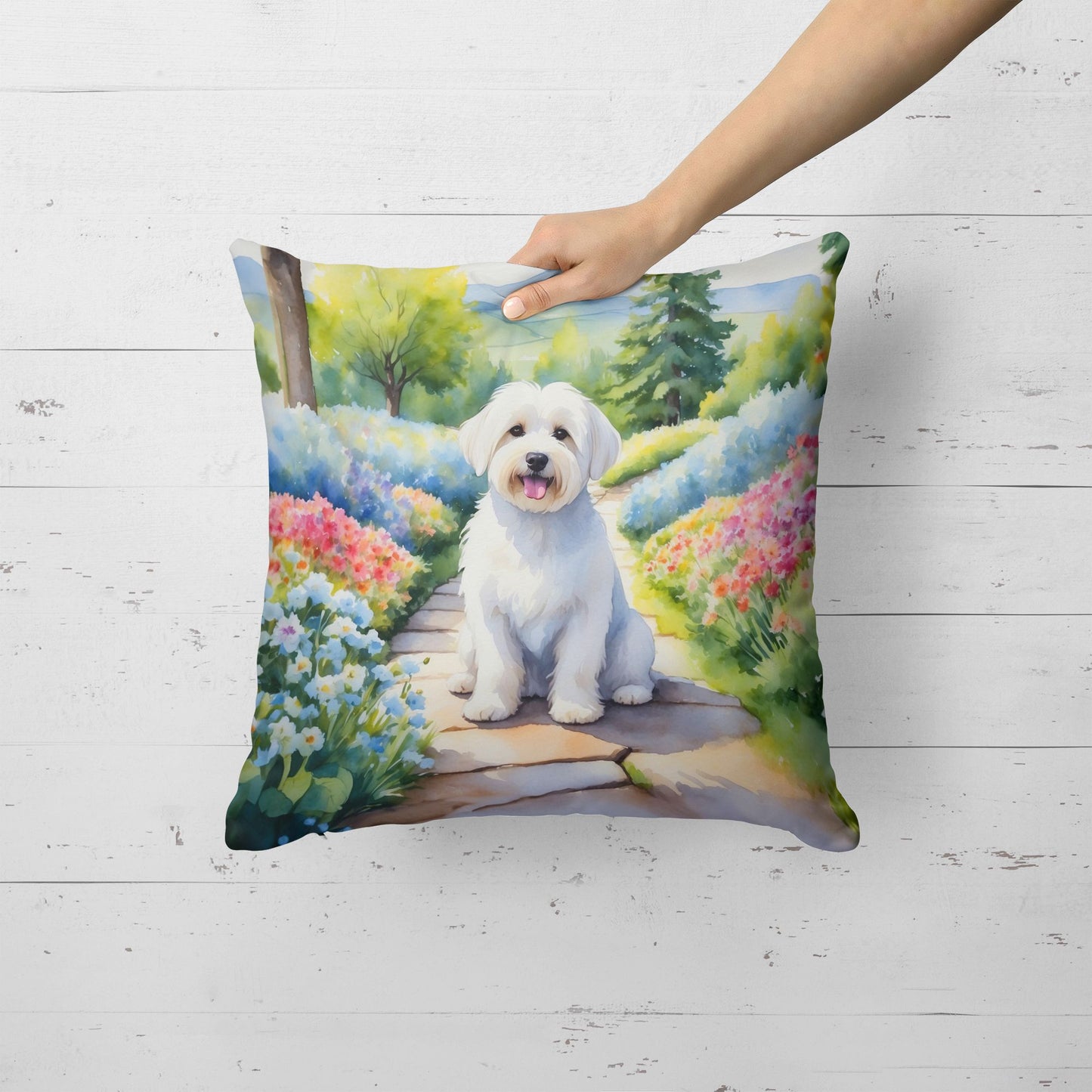 Coton de Tulear Spring Path Throw Pillow Machine Washable, Indoor Outdoor Decorative Pillow for Couch, Bed or Patio, 18Hx18W
