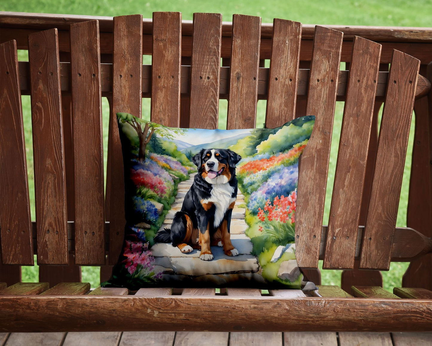 Bernese Mountain Dog Spring Path Throw Pillow Machine Washable, Indoor Outdoor Decorative Pillow for Couch, Bed or Patio, 14Hx14W