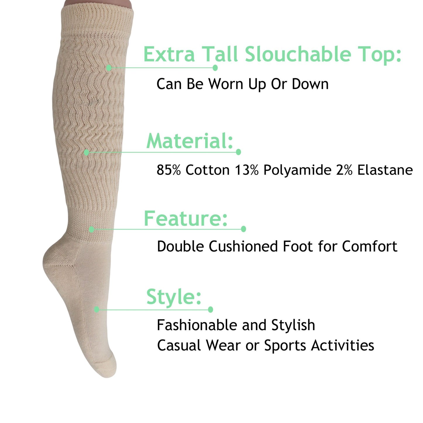 Slouch Socks for Women Extra Long Heavy Slouchy Scrunch Cotton Socks 1 Pair Shoe Size 5 to 10