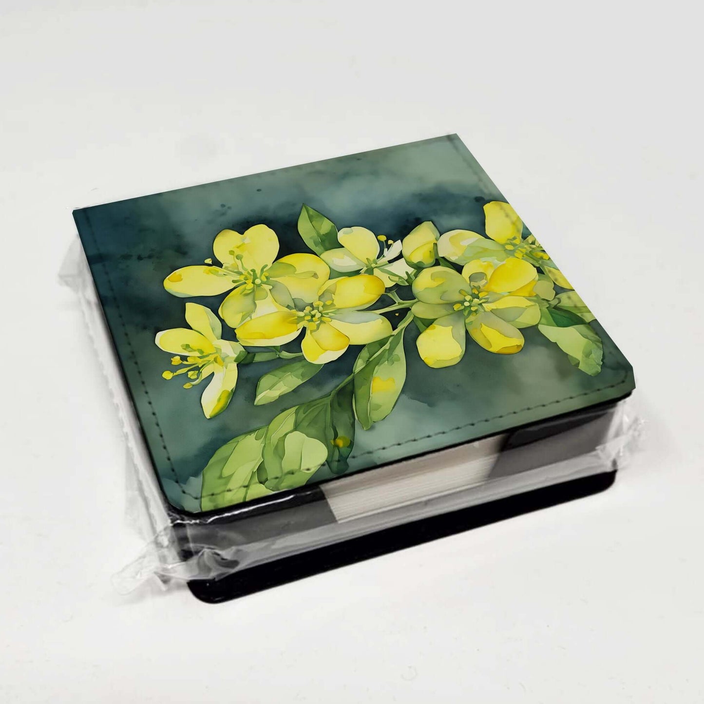 South Carolina Yellow Jessamine in Watercolor PU Leather Note Paper Holder with Artist-Designed Cover, Desk Accessory, Office Gift