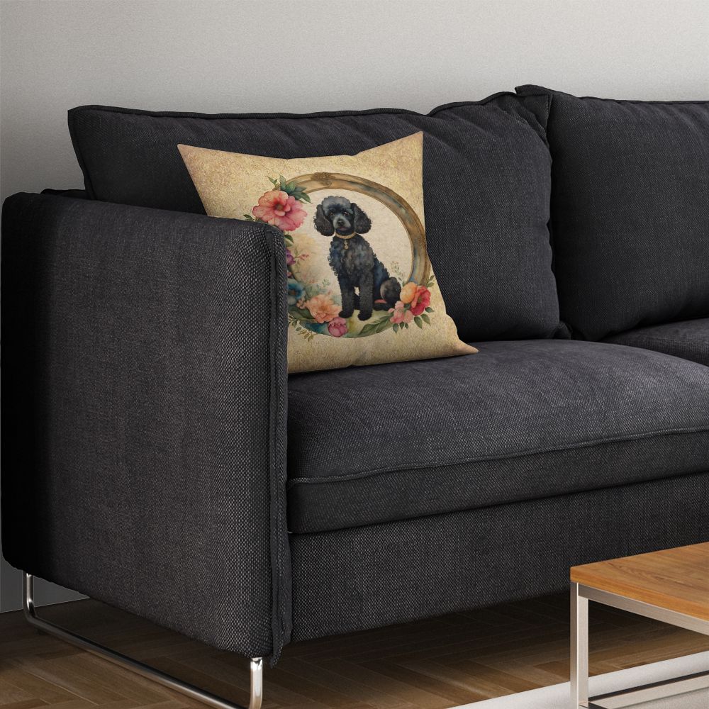 Black Poodle and Flowers Throw Pillow Machine Washable, Indoor Outdoor Decorative Pillow for Couch, Bed or Patio, 14Hx14W