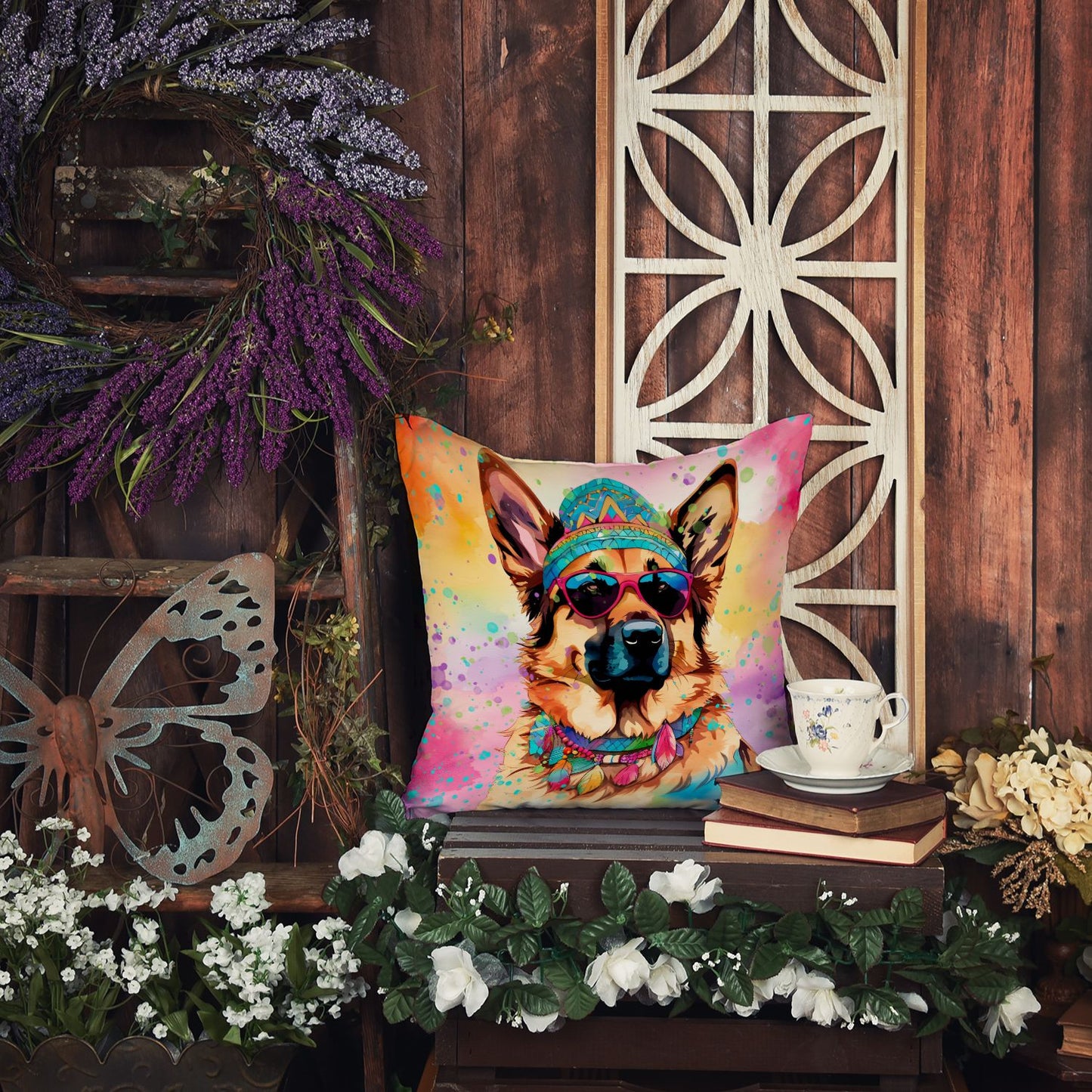 German Shepherd Hippie Dawg Throw Pillow Machine Washable, Indoor Outdoor Decorative Pillow for Couch, Bed or Patio, 14Hx14W