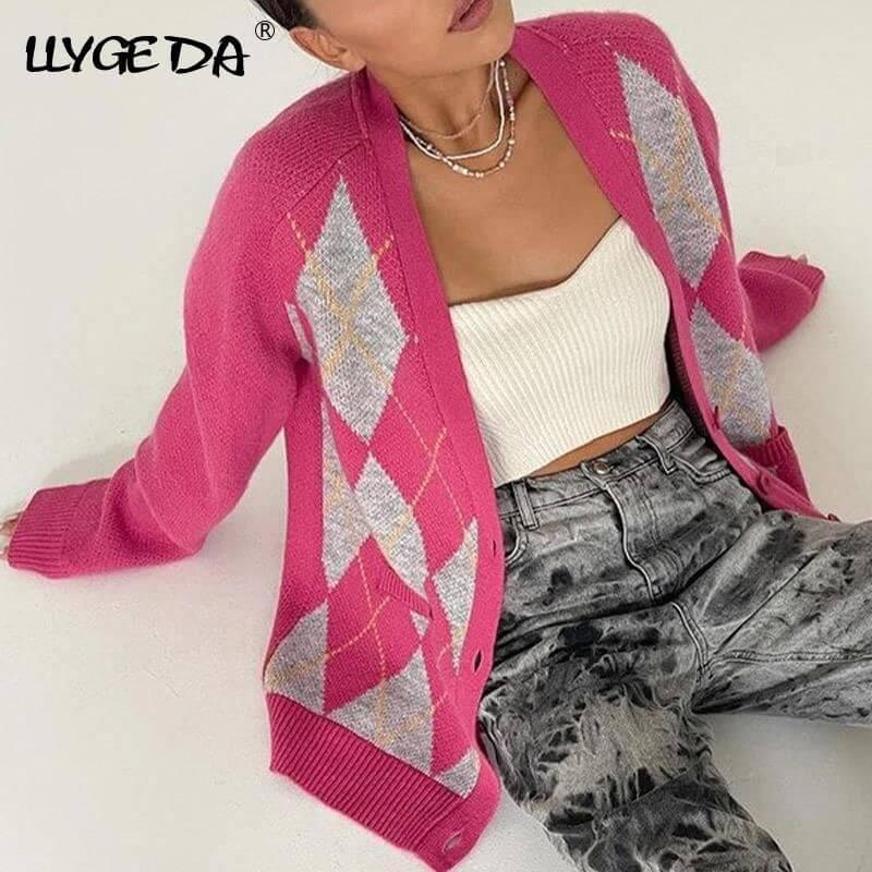 Oversized Argyle Cardigan Women Sweater Loose V-Neck Knitted Long Sleeve Y2K Sweaters Female 2021 Autumn Vintage Lady Basic Top - Clothes For Her Online Store