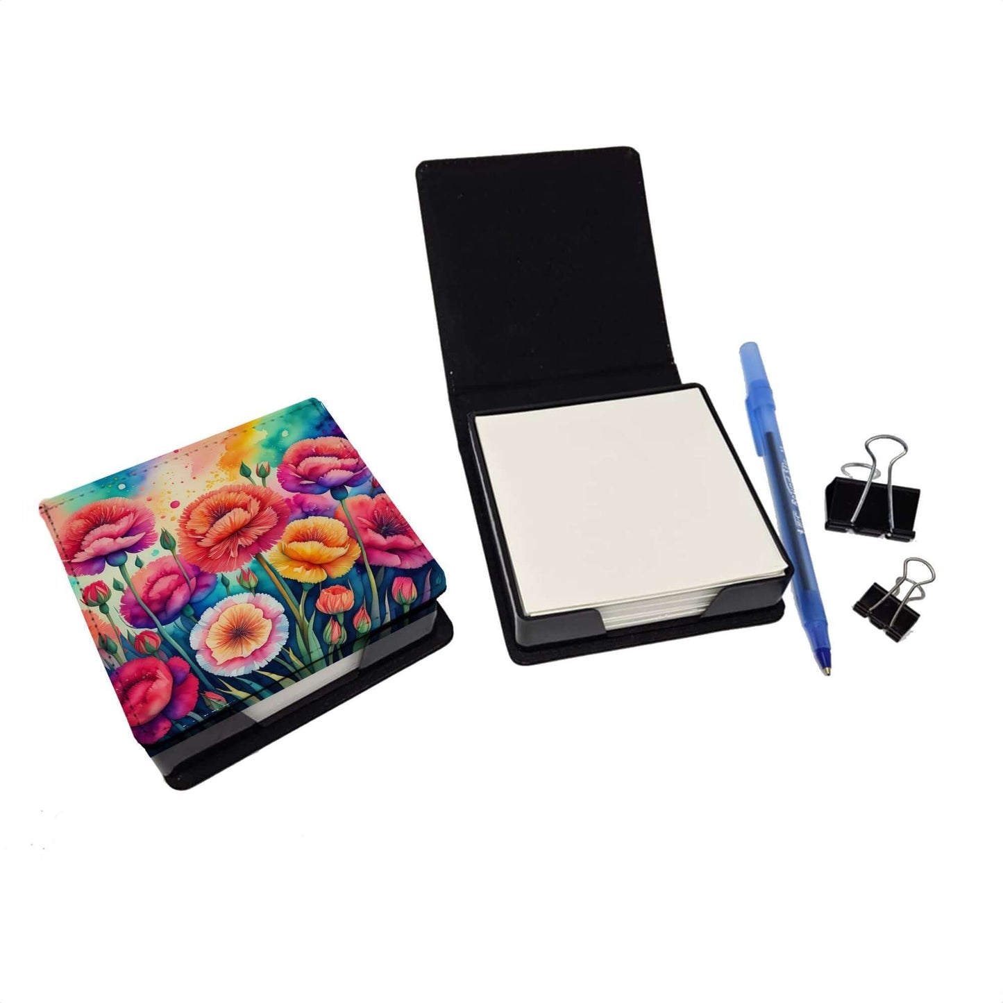 Colorful Carnations PU Leather Note Paper Holder with Artist-Designed Cover, Desk Accessory, Office Gift