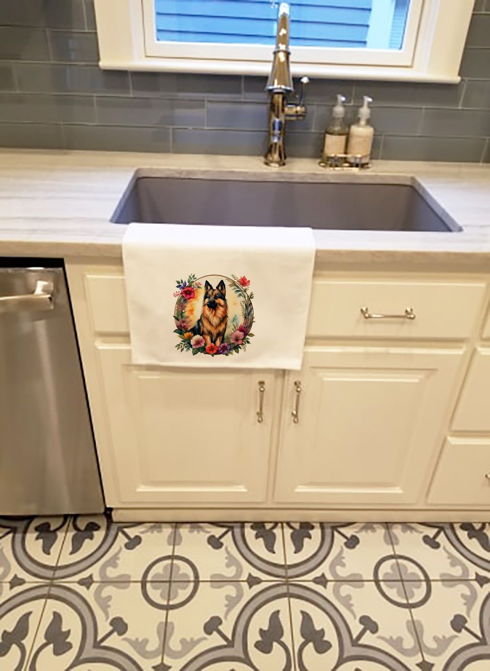 Belgian Tervuren and Flowers Kitchen Towel Set of 2 White Dish Towels Decorative Bathroom Hand towel for Hand, Face, Hair, Yoga, Tea, Dishcloth, 19 X 28", White