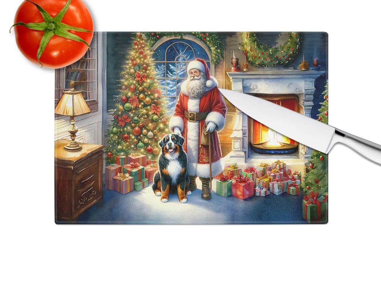 NEW Bernese Mountain Dog and Santa Claus Glass Cutting Board Decorative Tempered Glass Kitchen Cutting and Serving Board Large Size Chopping Board