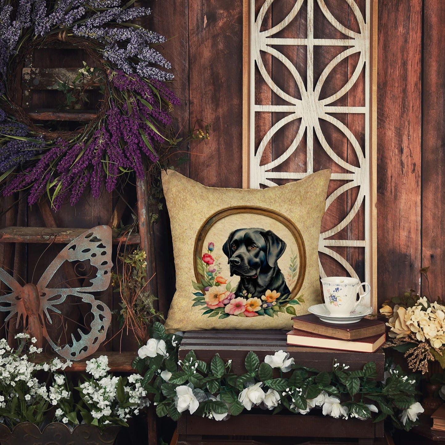 Black Labrador Retriever and Flowers Throw Pillow Machine Washable, Indoor Outdoor Decorative Pillow for Couch, Bed or Patio, 14Hx14W